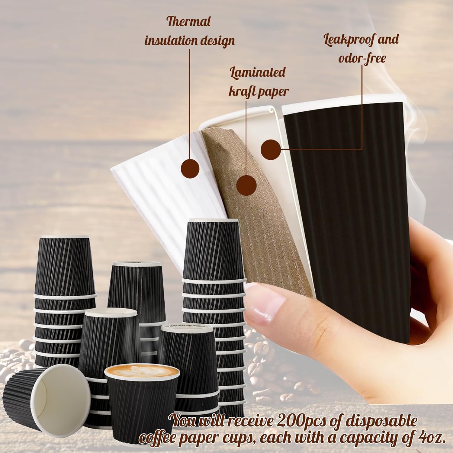 Skiennix 4oz Paper Espresso Cups - Disposable Ripple Wall Hot/Cold Coffee Cups | 200 Pcs (Black)