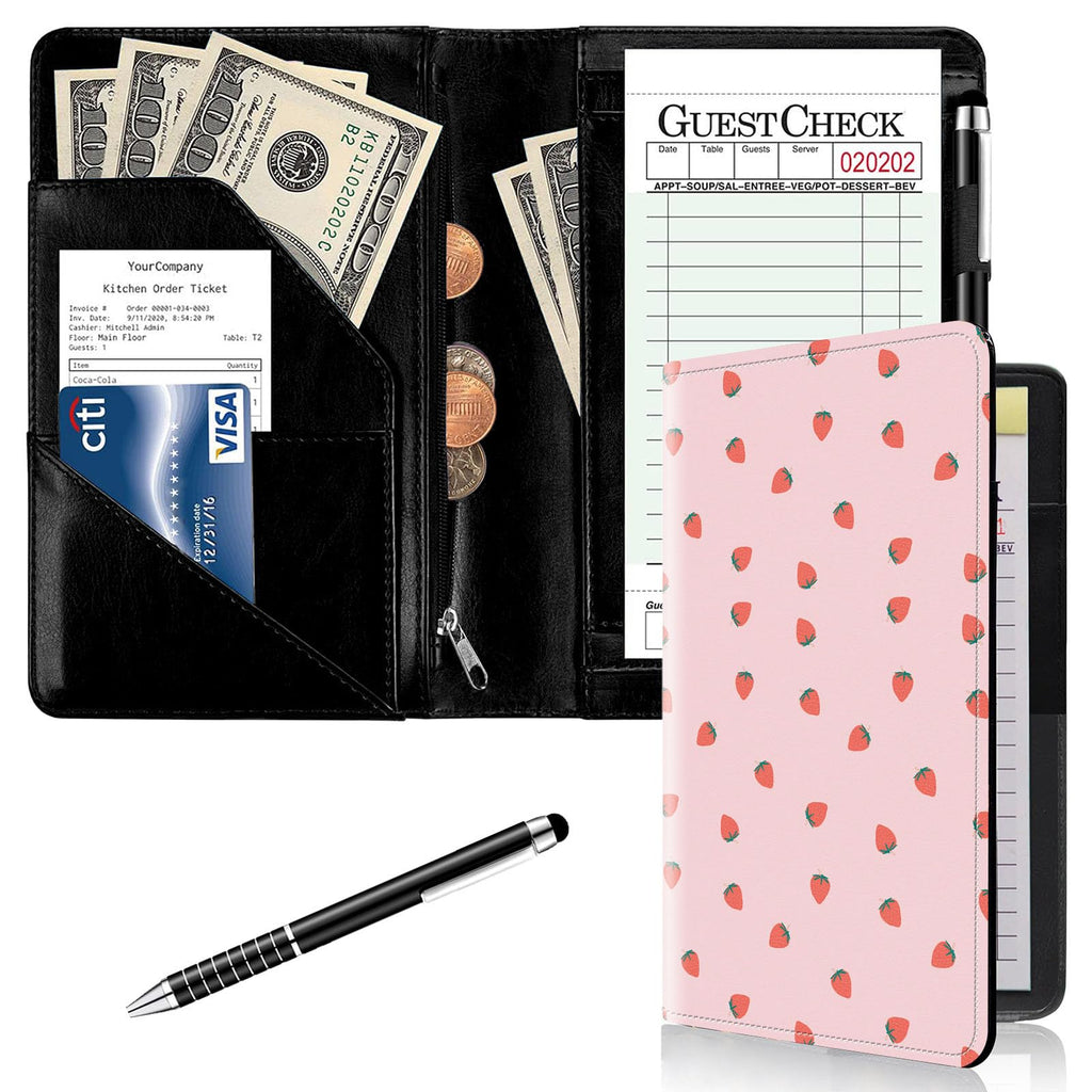Server Books for Waitress with Zipper Pocket Cute Waitress Books for Servers,Leather Waiter Wallet Server Book Organizer Server Check Book Fit Server Apron,with A Pen,Pink Strawberry Pattern