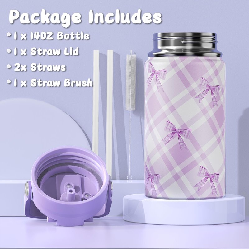 ACESAK Backpack for Girls with Insulated Water Bottle, Bow Tie Plaid Bookbag for Girls Kids, 14oz Kids Water Bottle Stainless Steel, Lunch Bag & Pencial Case, Back To School Gift (Purple)