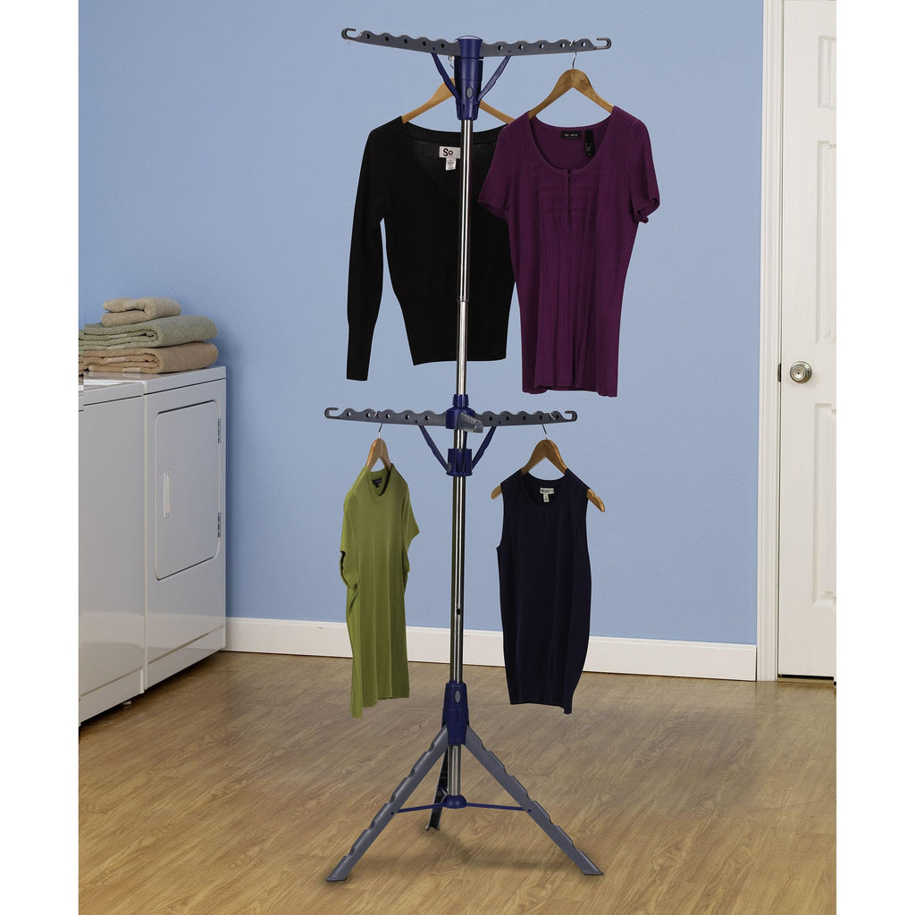 Household Essentials 5012-1 Portable 2-Tier Clothes Drying Rack Tri-pod | Dry Wet Laundry or Hang Clothes | Silver and Blue