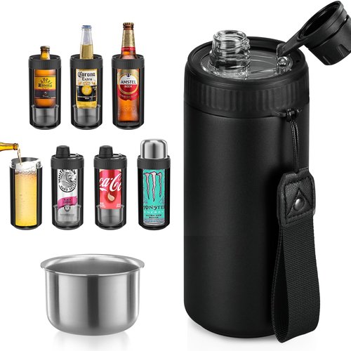 MAXSO 5-in-1 Insulated Can Cooler Fizz Soda Lid Drink Cover for 12oz & 16oz Regular, Slim Skinny Can, Beer Bottle & As Thermal Bottle, Vacuum Insulator Carbonated Cold Beverage Holder - Black