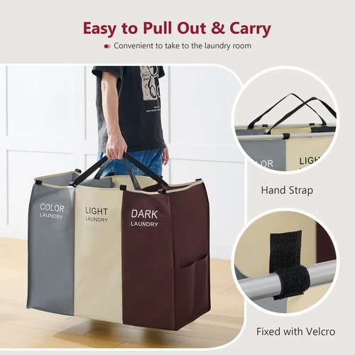 Tajsoon 3 Bag Laundry Cart, Laundry Hamper Sorter with Heavy Duty Lockable Wheels, Laundry Basket Organizer with Removable Bags, Laundry Separator Hamper for Clothes Storage, Gray+Beige+Red