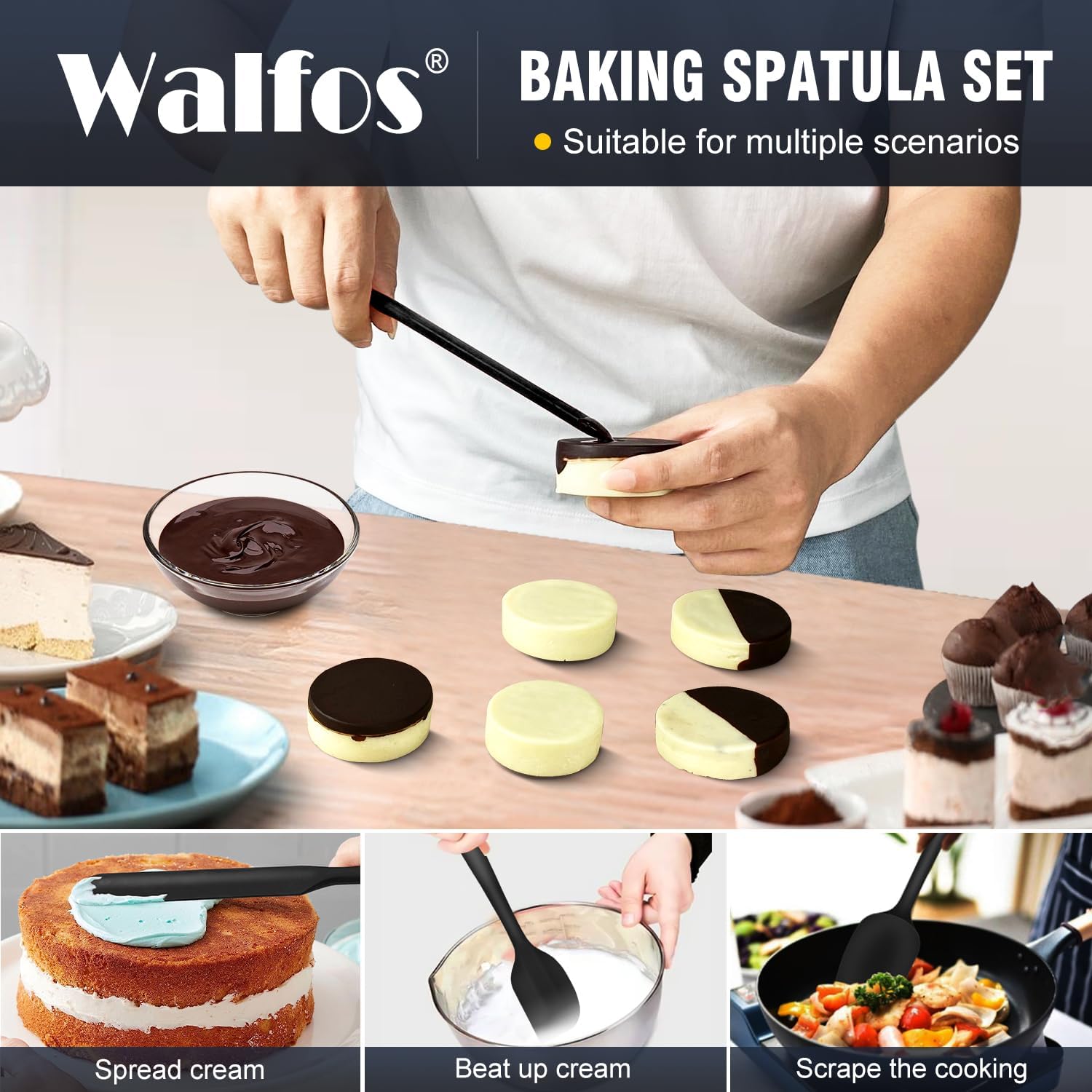 Walfos Silicone Spatula Set of 5 - High Heat Resistant Kitchen Scrapers (600°F) | BPA Free & Dishwasher Safe, Black