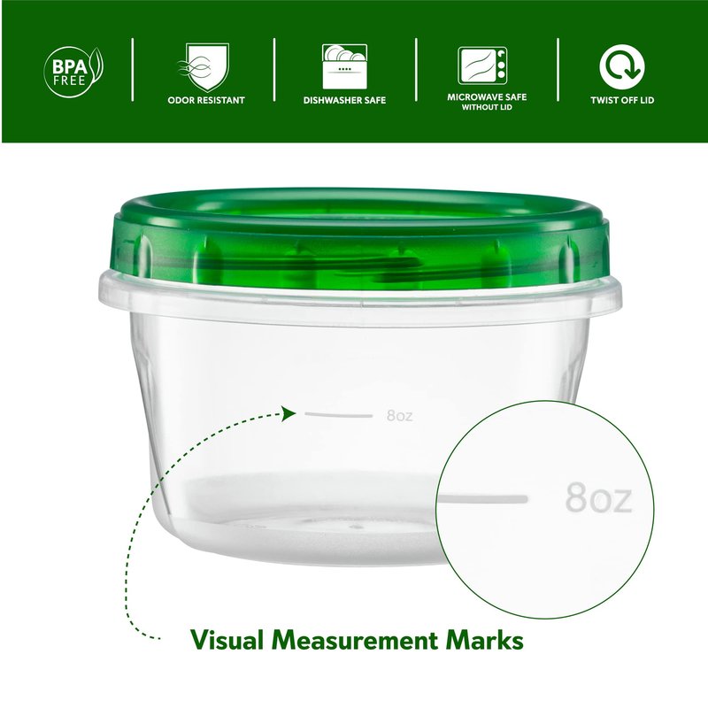 ELEGANT DISPOSABLES (8 Ounce 20 Pack) Twist cap Containers Clear Bottom With Green Top Screw on Lids Twist Top Food Storage Freezer Containers