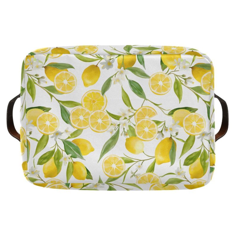 MNSRUU Storage Basket Lemon Floral Collapsible Organizer Basket with PU Handles, Waterproof Nursery Laundry Basket Large Capacity