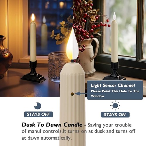 Homemory 6 Pcs Electric Window Candles - Ivory Flickering LED with Dusk to Dawn Sensor | Battery Operated for Holiday Decor