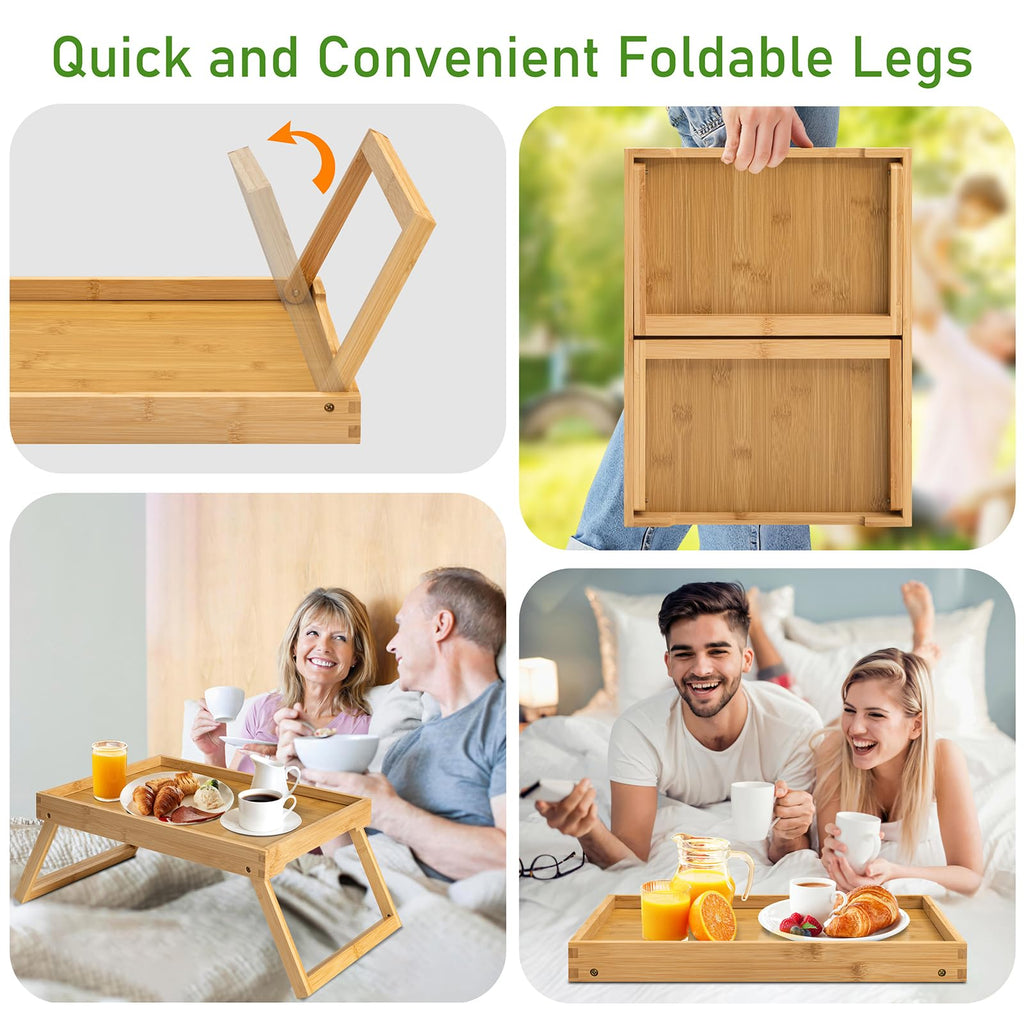 Kaukinye Bamboo Bed Tray Table with Foldable Legs, Breakfast Tray, Laptop Desk for Bed or Sofa,Serving,TV Table Kitchen, Eating,Working, Reading (Beige)