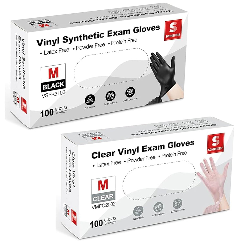 Vinyl Exam Gloves - 4 Mil Thickness | Medium Size, Black & Clear - 100 Count Boxes