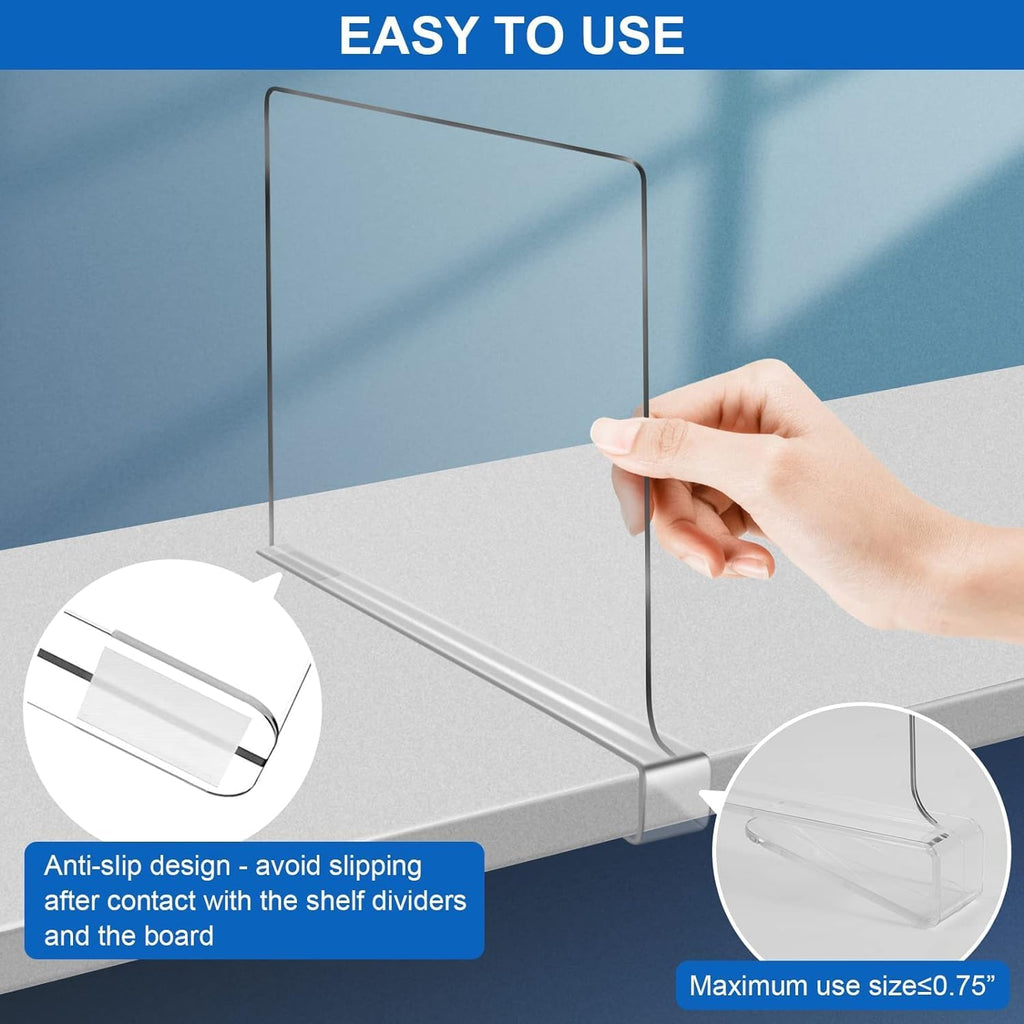 Skiennix Clear Shelf Dividers - 12 Inches Extra Tall | 6 Pack Acrylic Closet Organizer for Sweaters & Clothes