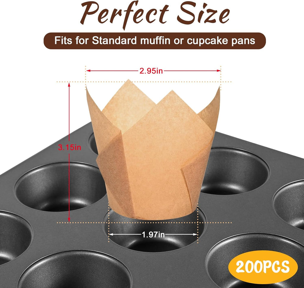 Natural Tulip Cupcake Liners - Unbleached Parchment Paper Muffin Wrappers | 200 Greaseproof Cups for Parties