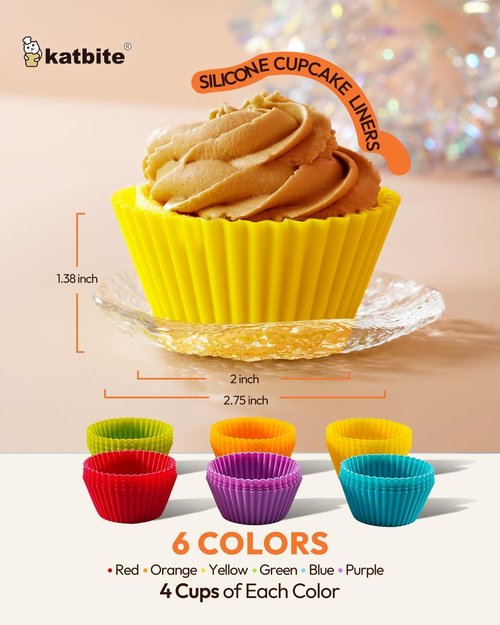 Katbite Silicone Cupcake Liners - Non-Stick Heavy Duty Muffin Molds, 24 Pack, Multicolor for Parties & Baking