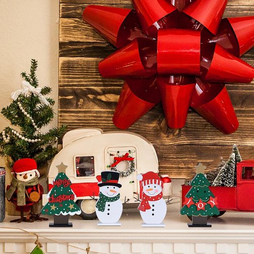 DECSPAS Christmas Decorations - 4 PCS Wooden Christmas Trees & Snowmen for Festive Table Centerpieces
