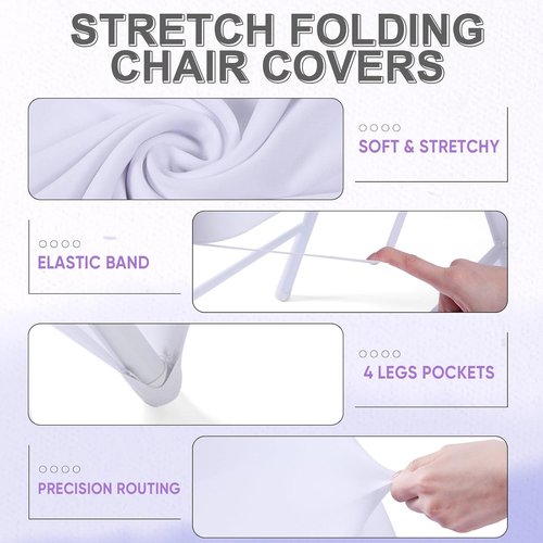 Lounsweer Folding Chair Cover Set - 50 Pcs with 25 Stretch Spandex Slipcovers & Satin Sashes | White & Lavender