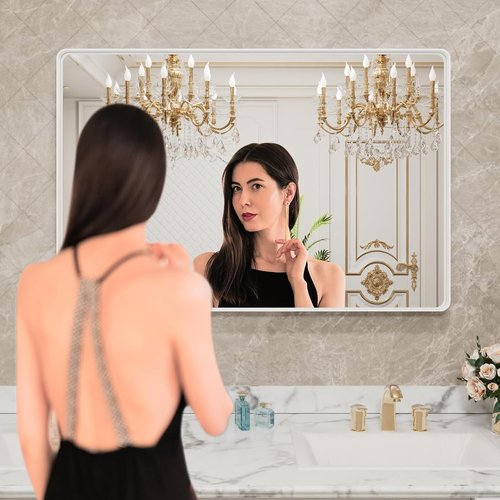 LOAAO White Metal Framed Bathroom Mirror - Large 40x30 Inch Rounded Rectangle | Anti-Rust Tempered Glass