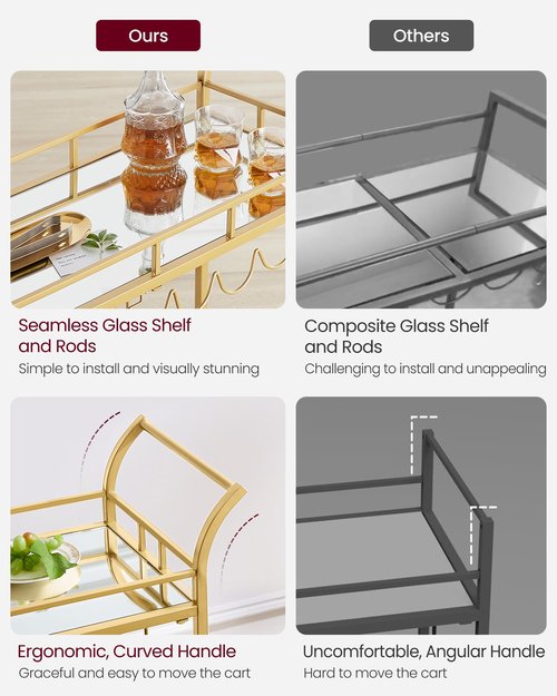 VASAGLE Bar Cart Gold, Home Bar Serving Cart, Wine Cart with 2 Mirrored Shelves, Wine Holders, Glass Holders, for Kitchen, Dining Room, Gold ULRC090A03