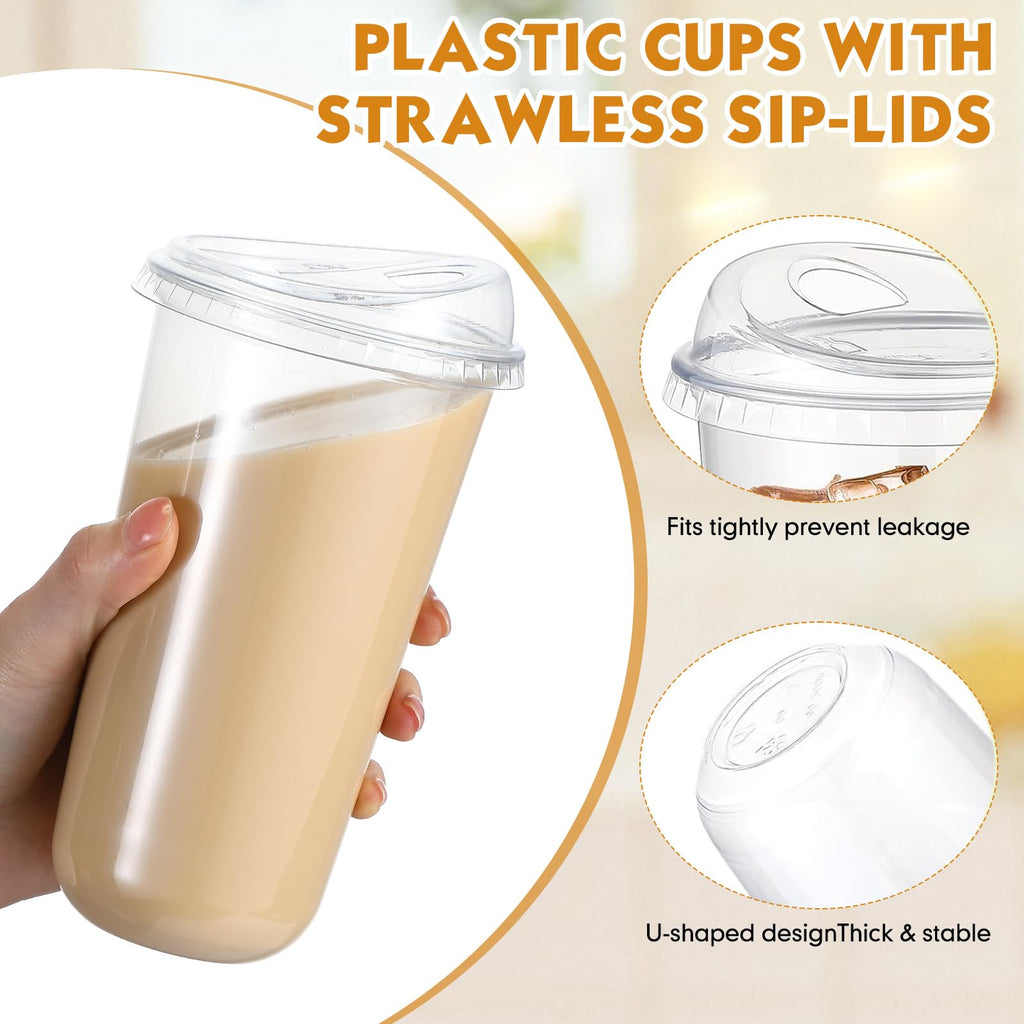Baderke 50 Pcs Plastic Cups with Sip Lids Round Bottom Disposable Plastic Coffee Cups with Lids Clear Strawless Crystal Mugs for Iced Coffee Smoothie Cold Beverage Party Catering Supplies (20 oz)