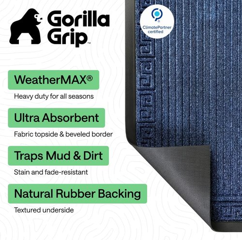 GORILLA GRIP Waterproof All-Season WeatherMAX Doormat - 35x23, Natural Rubber, Stain & Fade Resistant, Navy Greek Keys