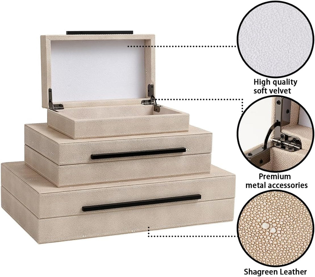 Skiennix Decorative Boxes - Set of 3 Faux Leather Storage Solutions | Large Ivory Nesting Organizers for Home Decor & Jewelry