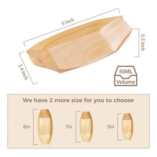 Sanxian Disposable Wood Boat Plates/Dishes (100, 5''Long x 2.4''Widex0.5''High)