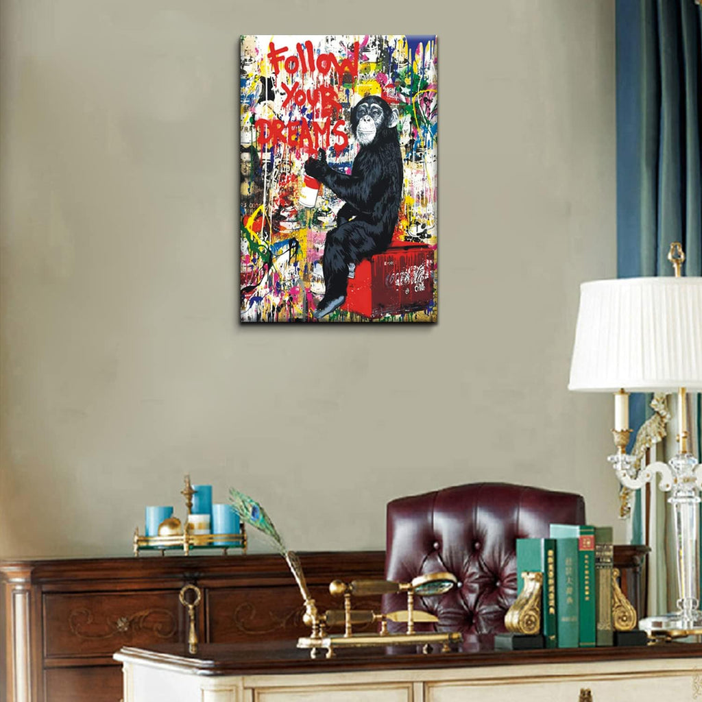 AKOTAC Monkey Street Graffiti Canvas Print - Follow Your Dreams Animal Art for Living Room & Office Decor | Framed & Ready to Hang
