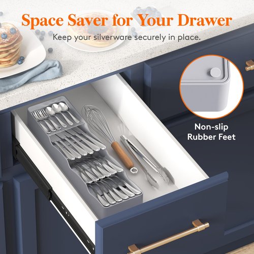 Lifewit Small Flatware Drawer Organizer, Compact Narrow Silverware Tray for Kitchen Drawers, Plastic Cutlery Holder for Spoons, Forks, Knives – Fits Small & Slim Kitchen Drawers, Gray