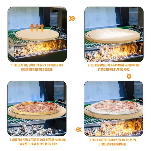 Caprihom Round Pizza Stone for Grill 16 inch with Handles - Heavy Duty Cordierite Pizza Stone for Oven -Thermal Shock Resistant Baking Stone, Includes Metal Rack & Scraper