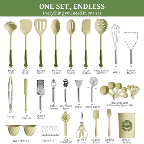 Kikcoin 43Pcs Kitchen Utensils Set - Heat Resistant Silicone Cooking Tools | Dishwasher Safe, Avocado Green