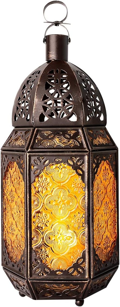 Lewondr Metal Glass Ramadan Candle Lantern - Moroccan Style Portable Hanging Lamp for Home & Garden - Copper & Yellow