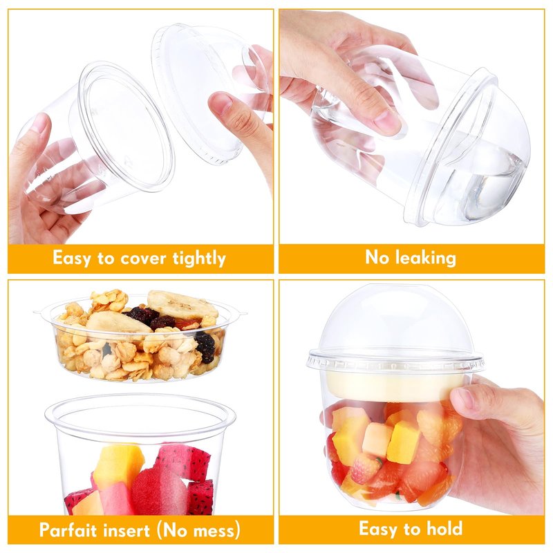 Gandeer 60 Pack Clear Plastic Parfait Cups with Dome Lids No Hole Disposable Party Dessert Cups with Lids Insert Spork Round Fruit Containers with Lid for Yogurt Fruit Cereal Ice Cream (12 oz)