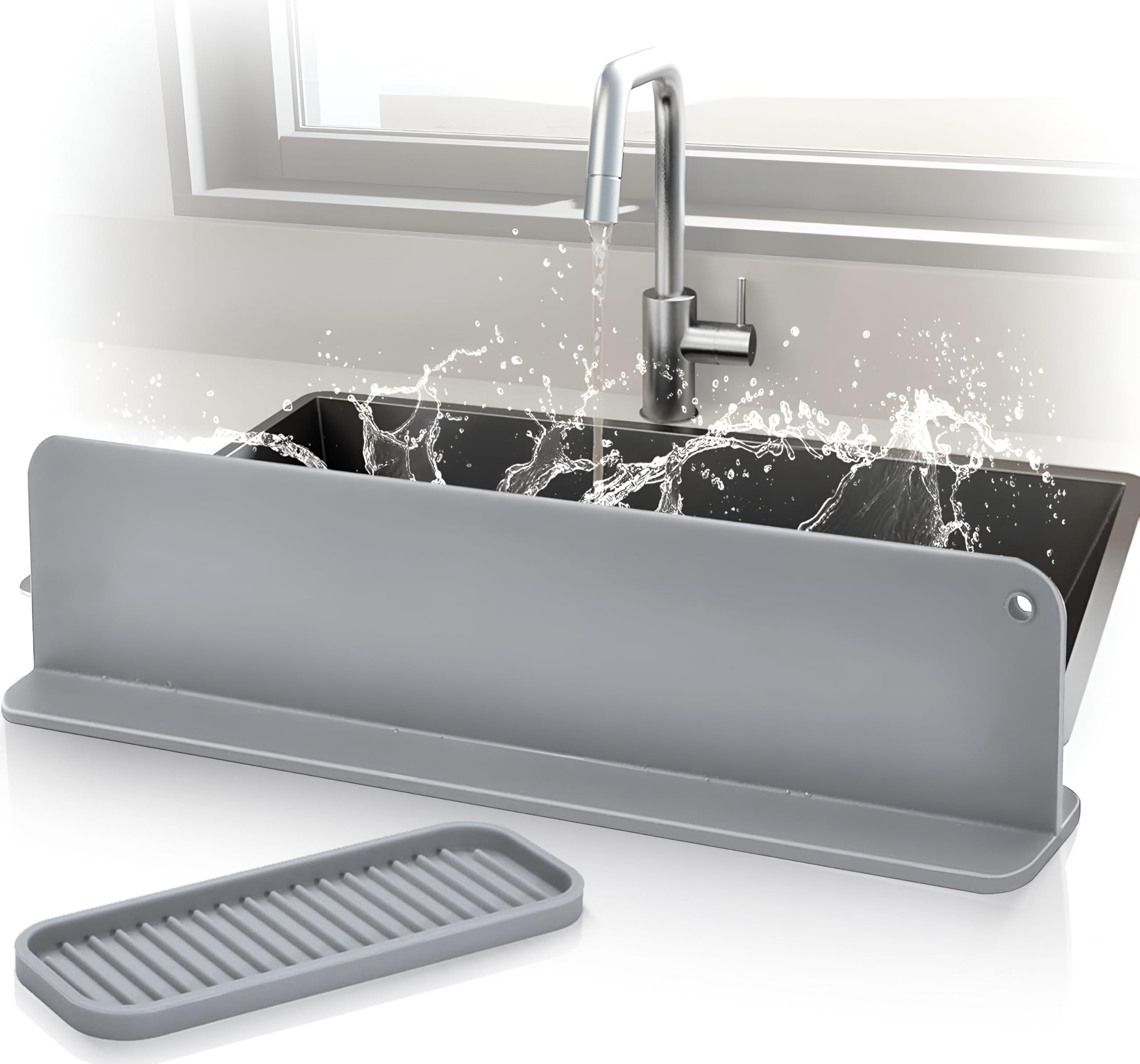 Sink Water Splash Guard - Silicone Sink Splash Guard with 5 Strong Suction Cups, Non-Slip Design for Maximum Stability. (17.32 x 2.2 x 3.94") + Silicone Soap Tray (Light gray)