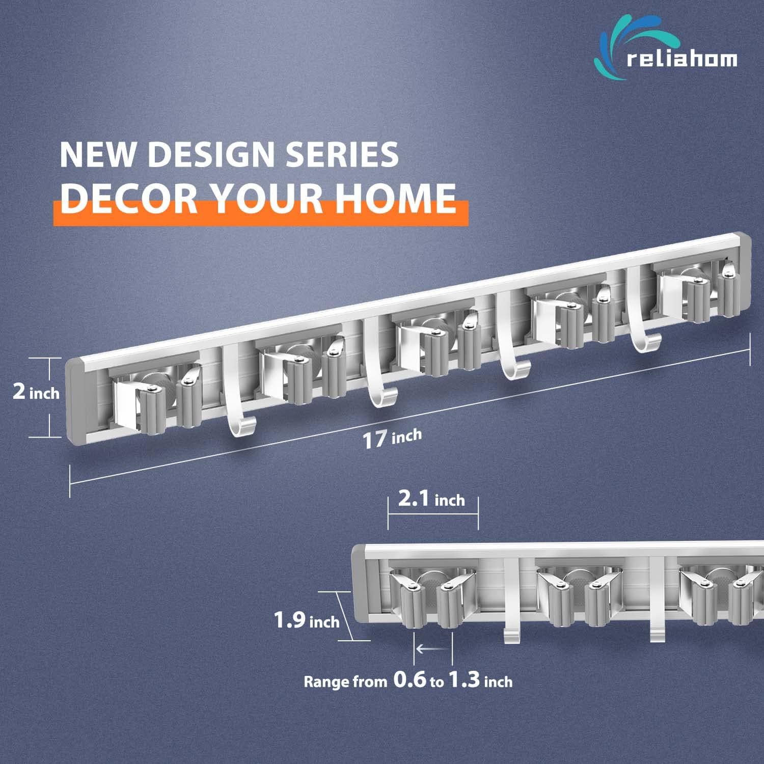 Reliahom Broom Holder Wall Mount - 5 Racks & 4 Hooks for Garage, Kitchen, Garden, Laundry Room Storage