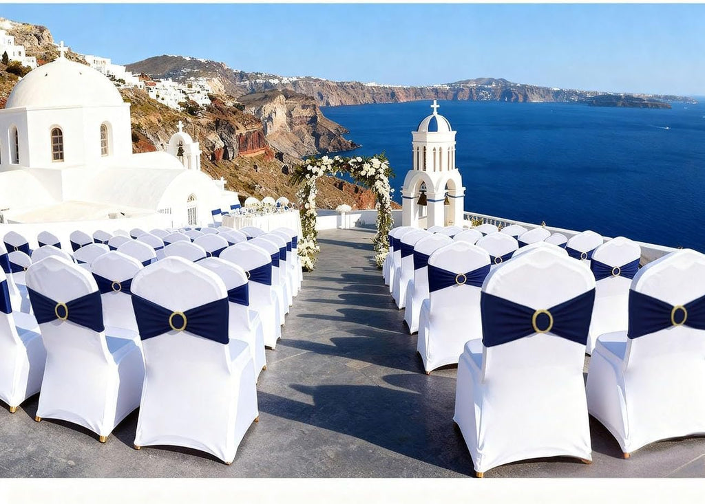 Skiennix 50 Pack Navy Blue Chair Sashes - Spandex Bands with Gold Buckle Slider for Events & Décor