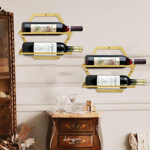 YALINKA 2Pcs Wall Mounted Wine Bottle Rack, Metal Hanging Wine Display Holder Organizer, Red Wine Racks for Home Kitchen Bar Decor Storage(Gold)