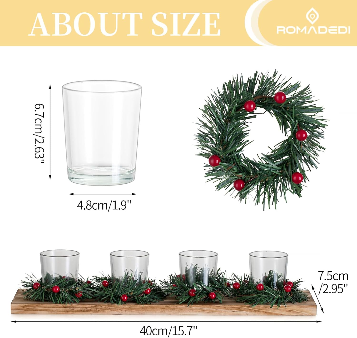 Romadedi Christmas Candle Holder - Rustic 4 Tealight Holders with Mini Wreaths | 16.5-Inch Wooden Tray for Holiday Table Decor