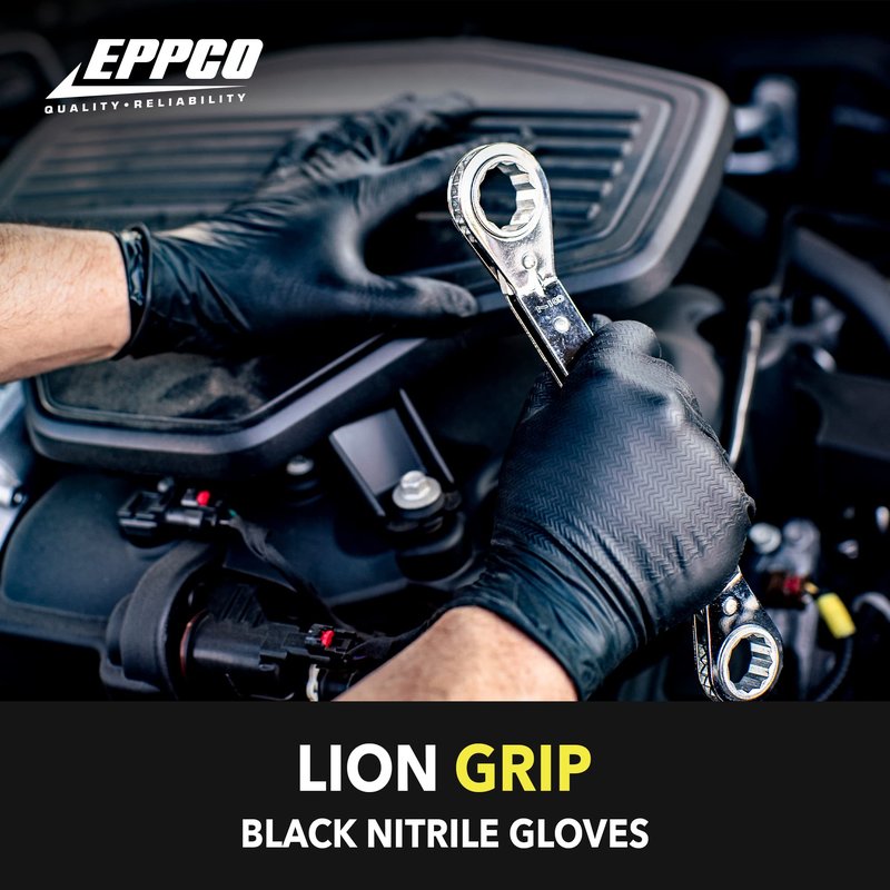 EPPCO LionGrip 7-Mil Black Nitrile Gloves Disposable Powder Free, Latex Free Textured Superior Grip Glove for Mechanics, Auto-motive, Industrial Work, X-Large, Box of 100