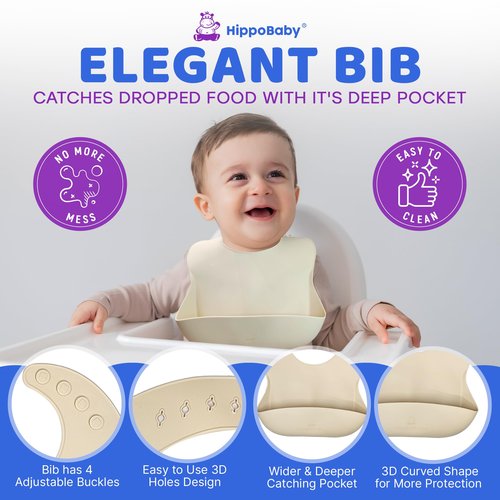HippoBaby Baby Led Weaning Supplies | 10 Piece Silicone Baby Feeding Set | Baby Toddler Bib Cup Divided Plate and Bowl Self Feeding Spoons Dish Set | Baby Utensils | Toddler Feeding Supplies (Cream)