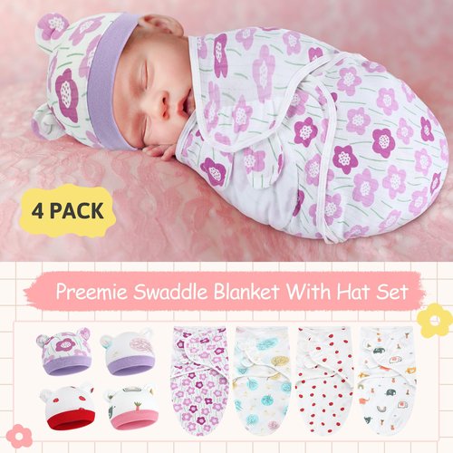 Buryeah 4 Pack Preemie Swaddle Blanket Wrap Set with Hat for Baby Boys Girls 3-7 Lbs Preemie Newborn Clothes Sleepers Cap(Purple,Flower)