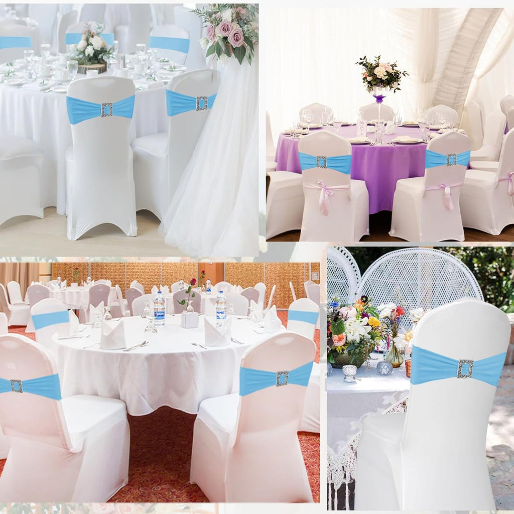 Skiennix Spandex Stretch Chair Sashes - 100 Pack Elastic Covers with Buckle Slider for Weddings & Events | Baby Blue