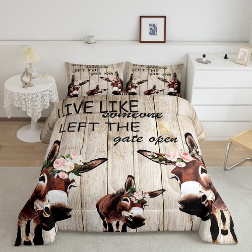 Manfei Donkey Comforter Set Full Size, Floral Animal Theme Quilt Set with 2 Pillowcases, Rustic Farmhouse Bedding Set 3pcs for Kids Boys Girls Bedroom Decor Grey Wooden Board Duvet Insert