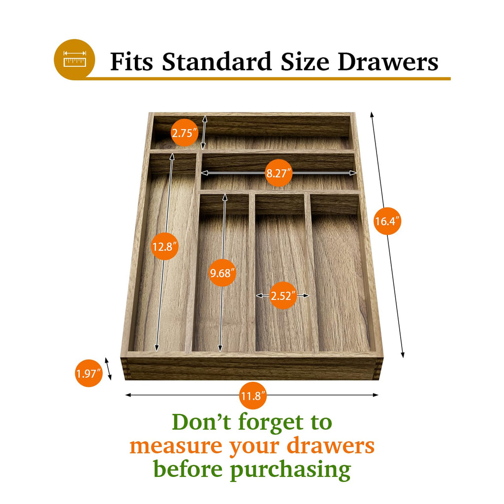 Kiasthome Acacia Wood Silverware Drawer Organizer, Kitchen Utensil Cutlery Drawer Organizer with Dividers, Flatware Organizer, Silverware Tray Holder for Spoons, Forks, 11.8''x16.5'' (6 Slots)
