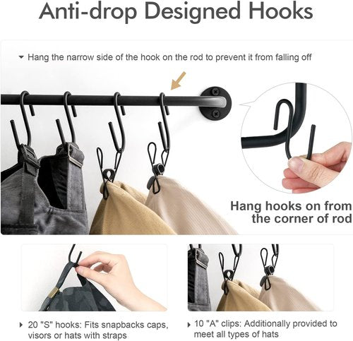 Mkono Hat Rack - Modern Wall-Mounted Cap Organizer with 20 Hooks | Set of 2 Black for Bedroom and Entryway