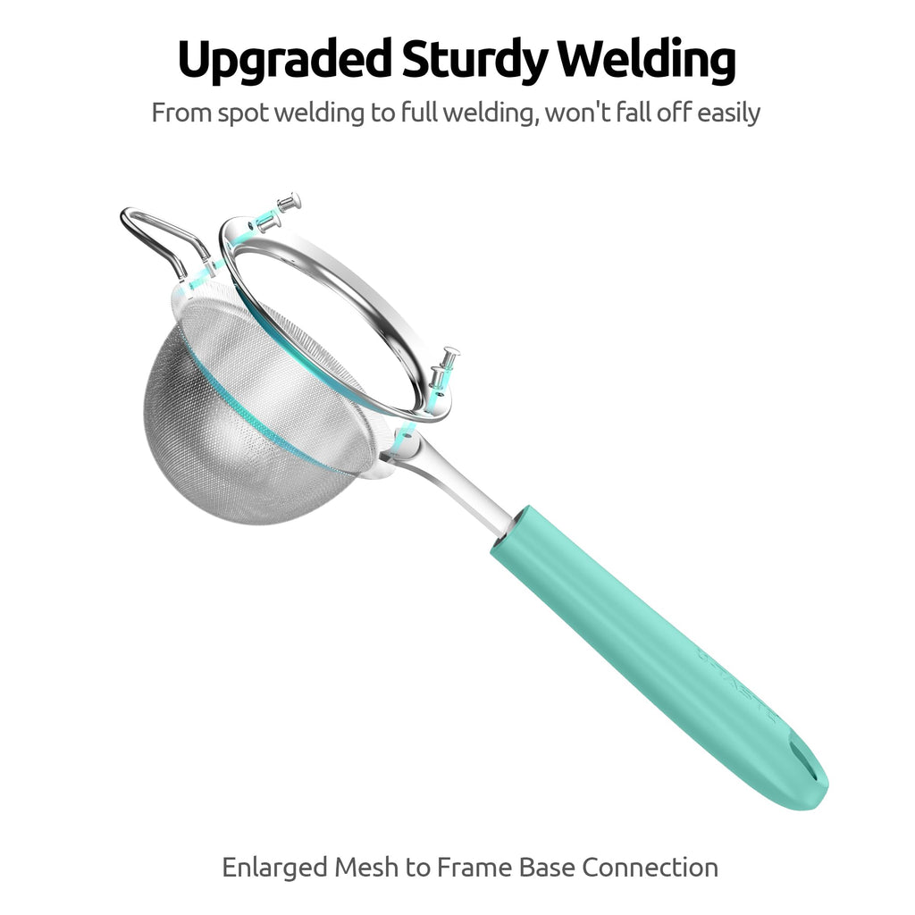 U-Taste Small Fine Mesh Strainer: 18/8 Stainless Steel 3.35in 30 Mesh Kitchen Food Sieve with Sturdy Riveted Silicone Handle, Heavy Duty Deep Handheld Metal Colander for Tea, Juice (Aqua Sky)