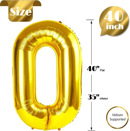Gold Number 0 Balloon - 40 Inch Decorative Balloon for Milestone Birthday Celebrations