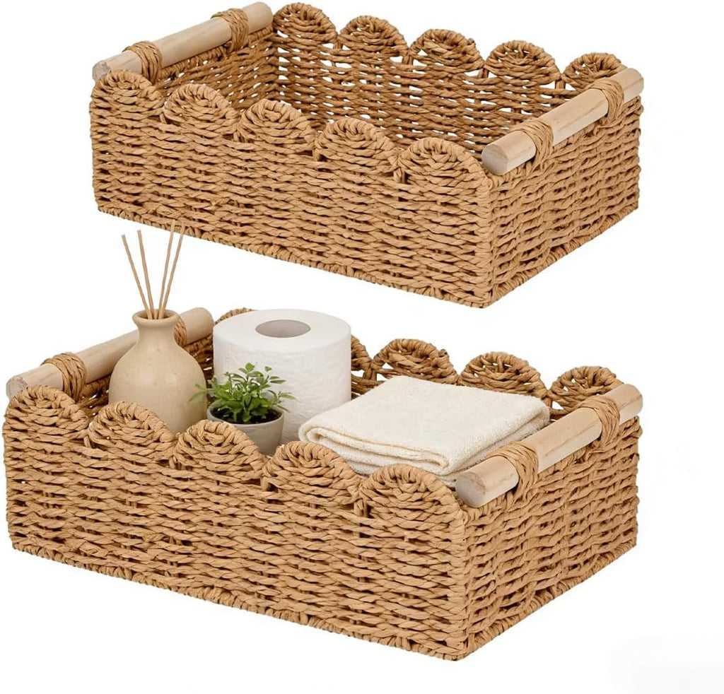 Paper Rope Scalloped Edge Toilet Paper Storage Basket - Small Living Room & Bedroom Decor with 2 Wooden Handles