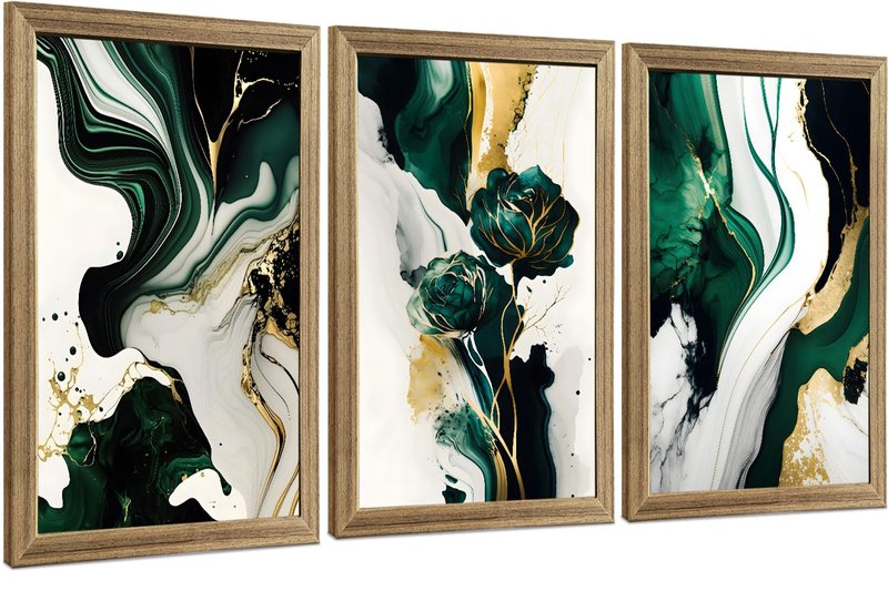 VisionaryBrush Framed Emerald Green Wall Art, Abstract Marbled Canvas Wall Decor, Modern Abstract Green and Gold Poster Print for Living Room Bedroom Office Aesthetic Picture 16x24 Inch 3 Pieces