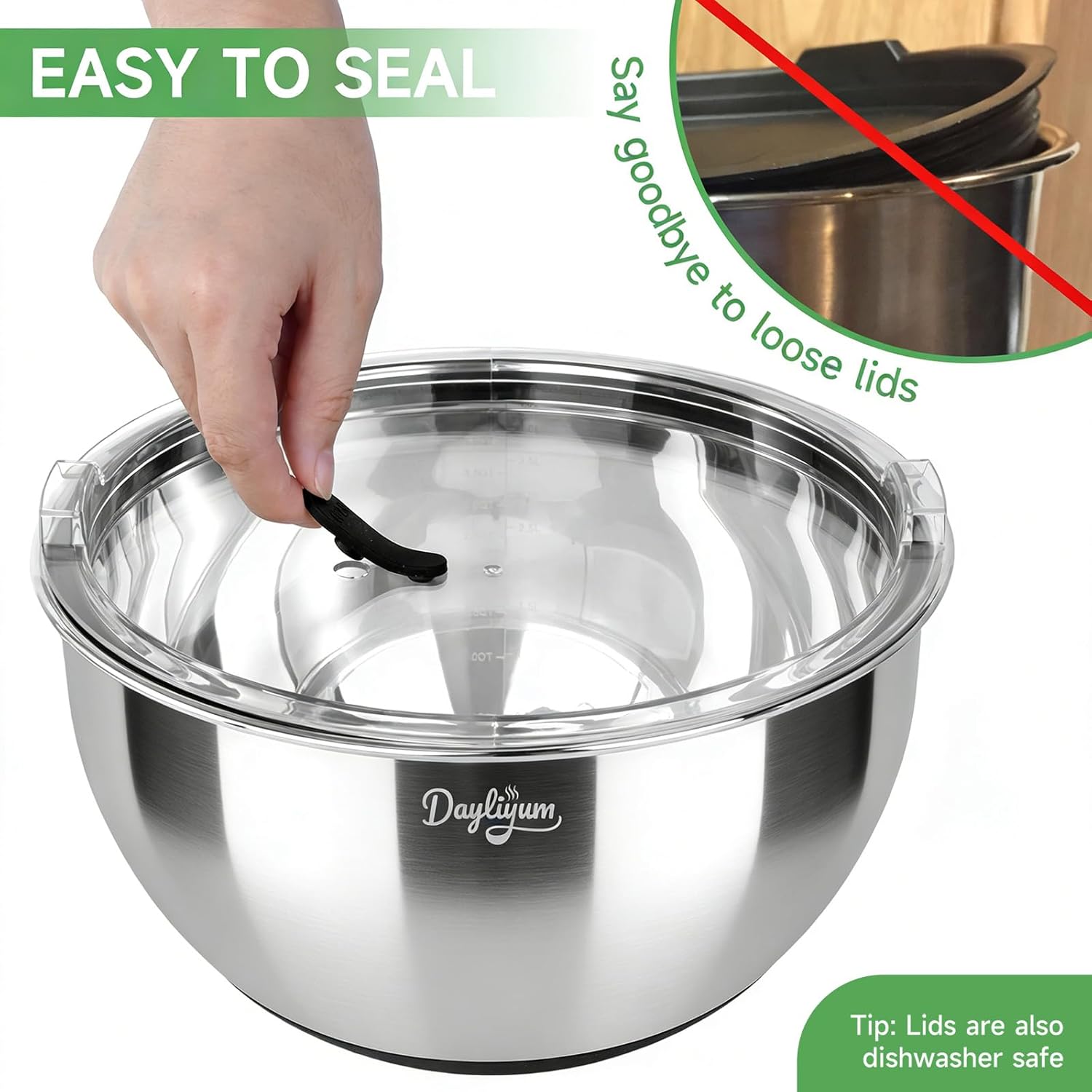 Skiennix Mixing Bowls - Stainless Steel Nesting Bowl Set with Airtight Lids | 3 Essential Sizes (1.5/3/5 QT)