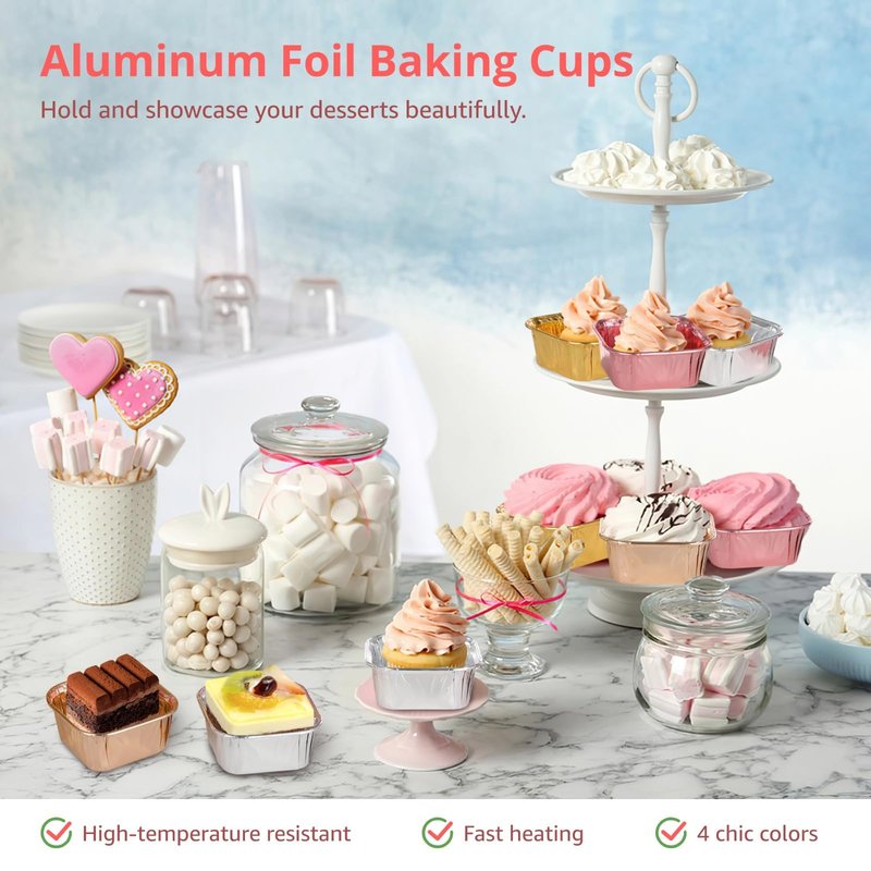 200 Pcs Aluminum Foil Cupcake Liners, Square Disposable Brownie Baking Cups, Mini Dessert Cups, Muffin Cheesecake Pans, Muffin Tin Ramekins Holders for Wedding, Party