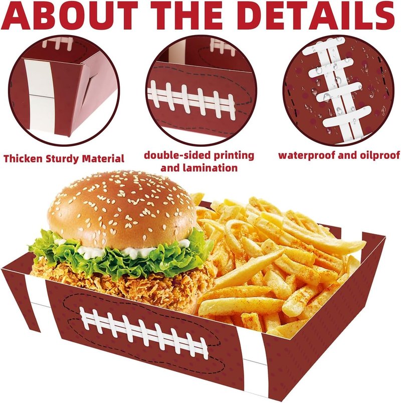 WIQEDOHA Football Party Plates 50Pack Disposable Rectangular Paper Trays Modern Patterned Football Themed Design 7.9 x 5.7 x 1.9" Football Party Supplies