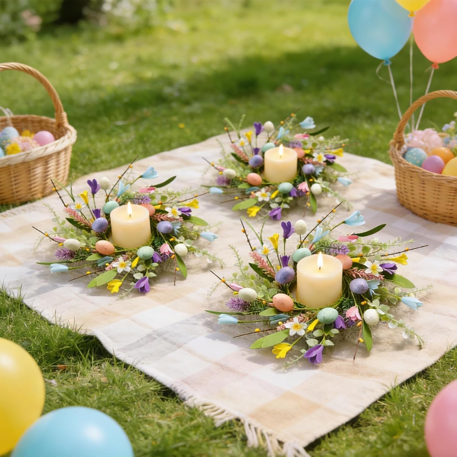 Skiennix Easter Candle Rings - 6 Pcs Mini Pillar Holders with Eggs & Flowers - Spring Yellow Berries Decor