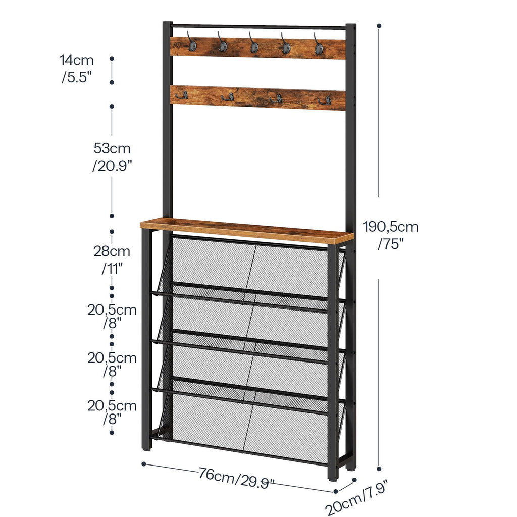 HOOBRO Hall Tree with Bench, Narrow Shoe Rack with Coat Rack, Coat Rack with Shoe Storage, 5 Tier Slanted Shoe Storage Organizer, Coat and Shoe Rack Entryway, Slim Hall Tree, Rustic Brown BF20MT01